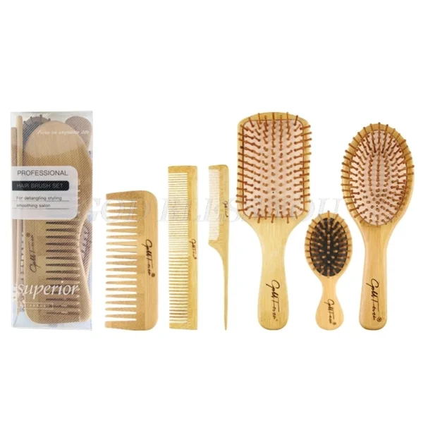 Wooden Hair Brush Set 6Pcs Bamboo Paddle Scalp Massage Cushion Comb