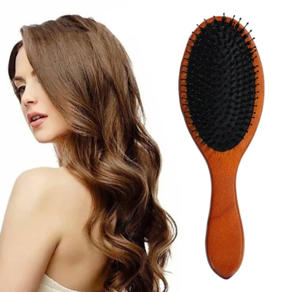 Wooden Hair Brush: Boar Bristle Scalp Massage Comb, Portable Styling Tool - Image 2