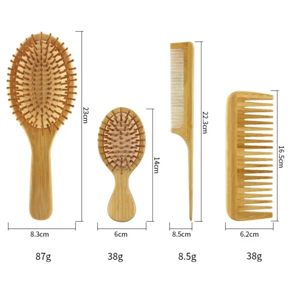 4 Pcs Wooden Hair Brush Set, Eco-friendly Bamboo, Wide Tooth & Tail Comb - Image 2