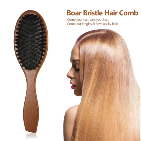 Wooden hair brush, natural boar bristle oval anti-static scalp comb - Image 6