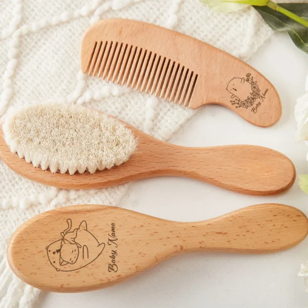 Natural Wooden Hair Brush for Babies with Soft Bristles and Comb