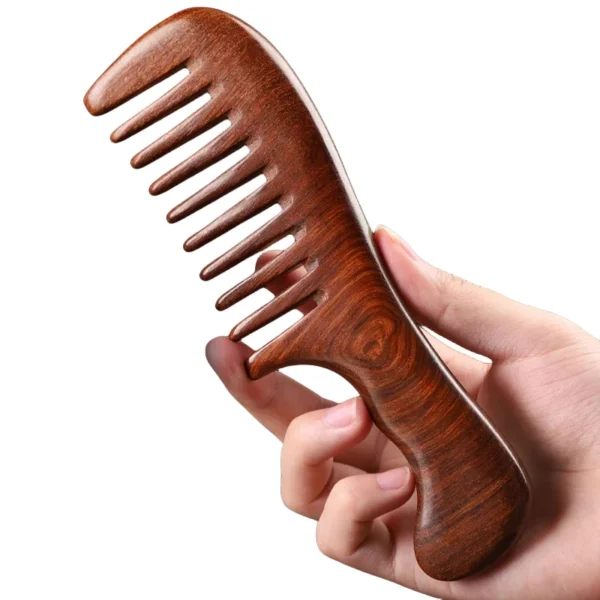 Wooden hair brush, natural sandalwood wide tooth anti-static detangler