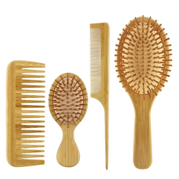 4 Pcs Wooden Hair Brush Set, Eco-friendly Bamboo, Wide Tooth & Tail Comb - Image 6