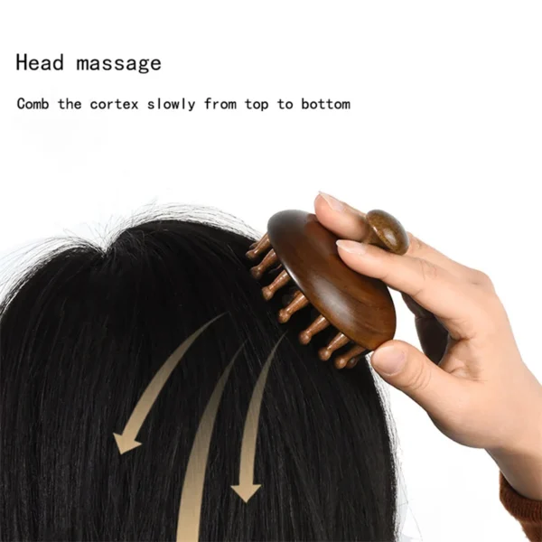 Wooden hair brush, sandalwood disc, wide tooth, scalp massage tool - Image 2