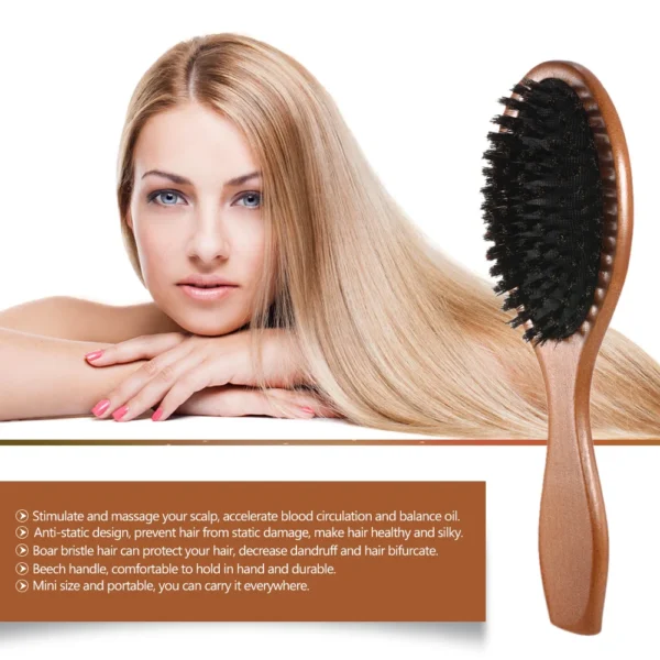 Wooden hair brush, natural boar bristle oval anti-static scalp comb - Image 4