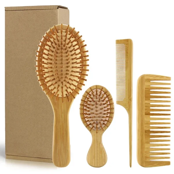 4 Pcs Wooden Hair Brush Set, Eco-friendly Bamboo, Wide Tooth & Tail Comb